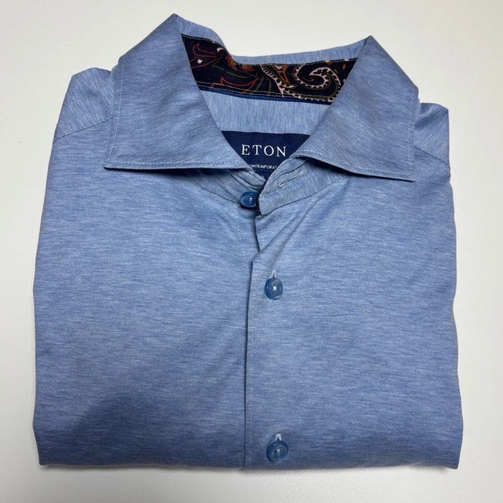 Eton Blue Stretch Jersey Shirt Contemporary Fit Men L Flip cuff Paisley Contrast - Picture 2 of 8